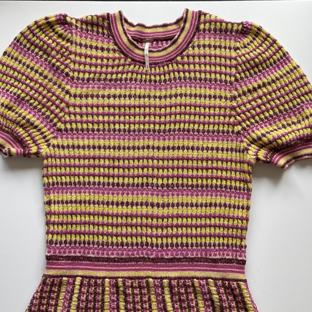 NEW FREE PEOPLE Into You  Shimmer Mini SweaterDress Pink Metallic Retro Stripe - Picture 8 of 16